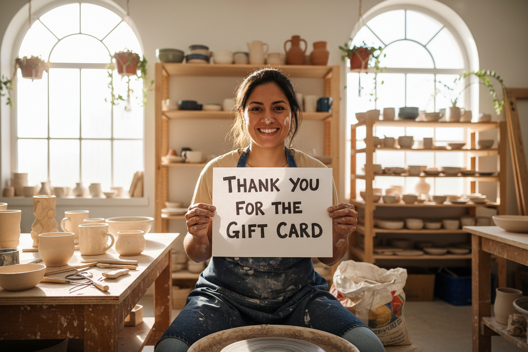a latina woman potter at her pottery wheel in a sunny pottery studio.  she is holding a piece of paper that reads, "thank you for the gift card."